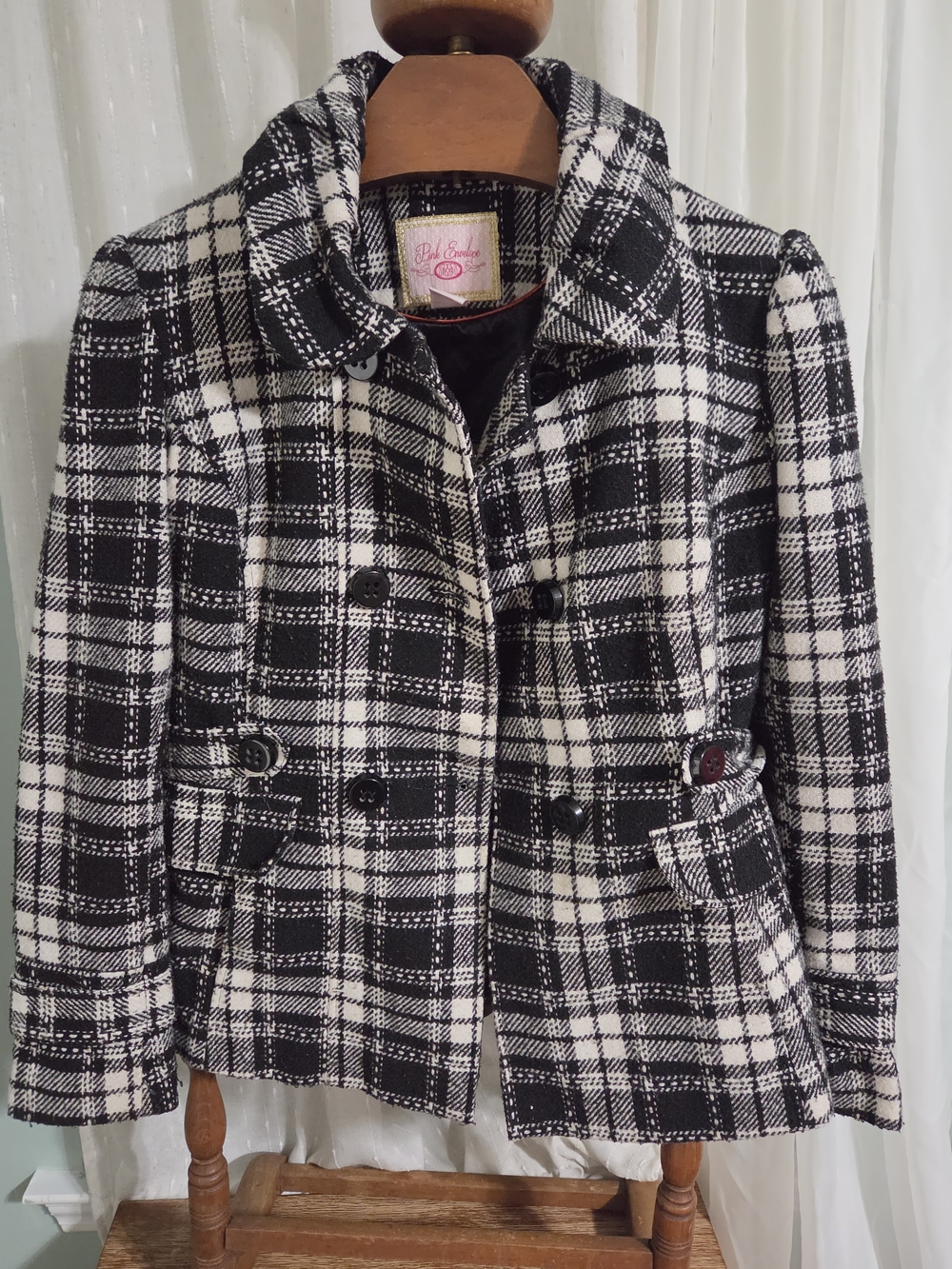 Pink Envelope Black and White Plaid Peacoat